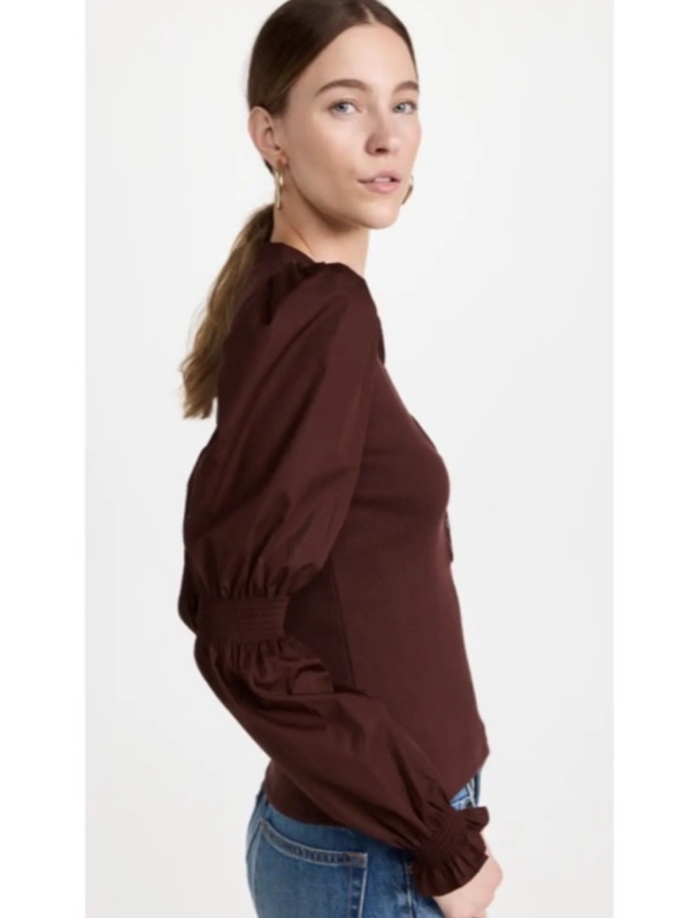 Veronica Beard Effy Top Size Small Oxblood Poet Sleeve Puff Sleeve Ribbed Henley - Picture 2 of 14
